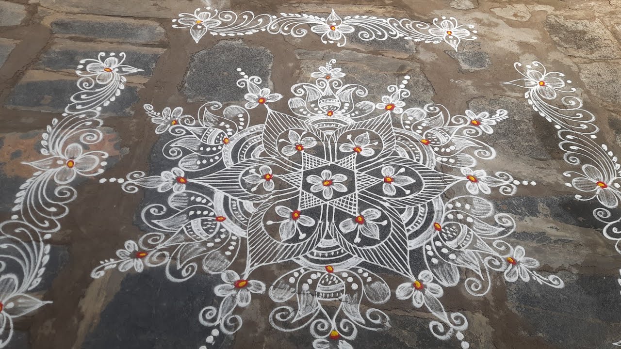 5*3dots Friday lotus muggulu with side border design //simple daily kolam