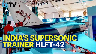 Hindustan Aeronautics Displays A Model Of Its Supersonic Fighter Trainer HLFT-42 At Aero India 2023