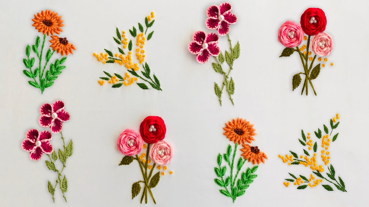 Hand embroidery 4 embroidery flowers  dimensional flowers  brazilian Hand embroidery 4 embroidery flowers  dimensional flowers  brazilian