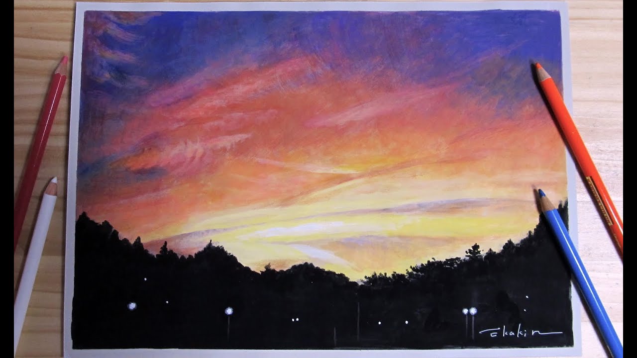 夕焼け空の絵をリアルに描いてみた Painting And Drawing The Sunset Sky Youtube