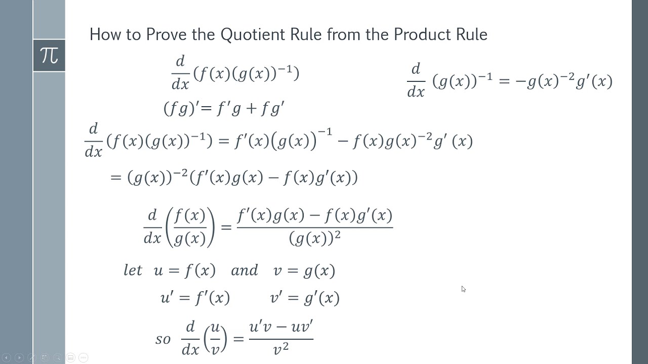 Quotient Rule Proof How To Prove The Quotient Rule From The Product Rule And Chain Rule Youtube