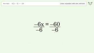 Linear equation with one unknown: Solve -6(x-5)=-30 step-by-step solution