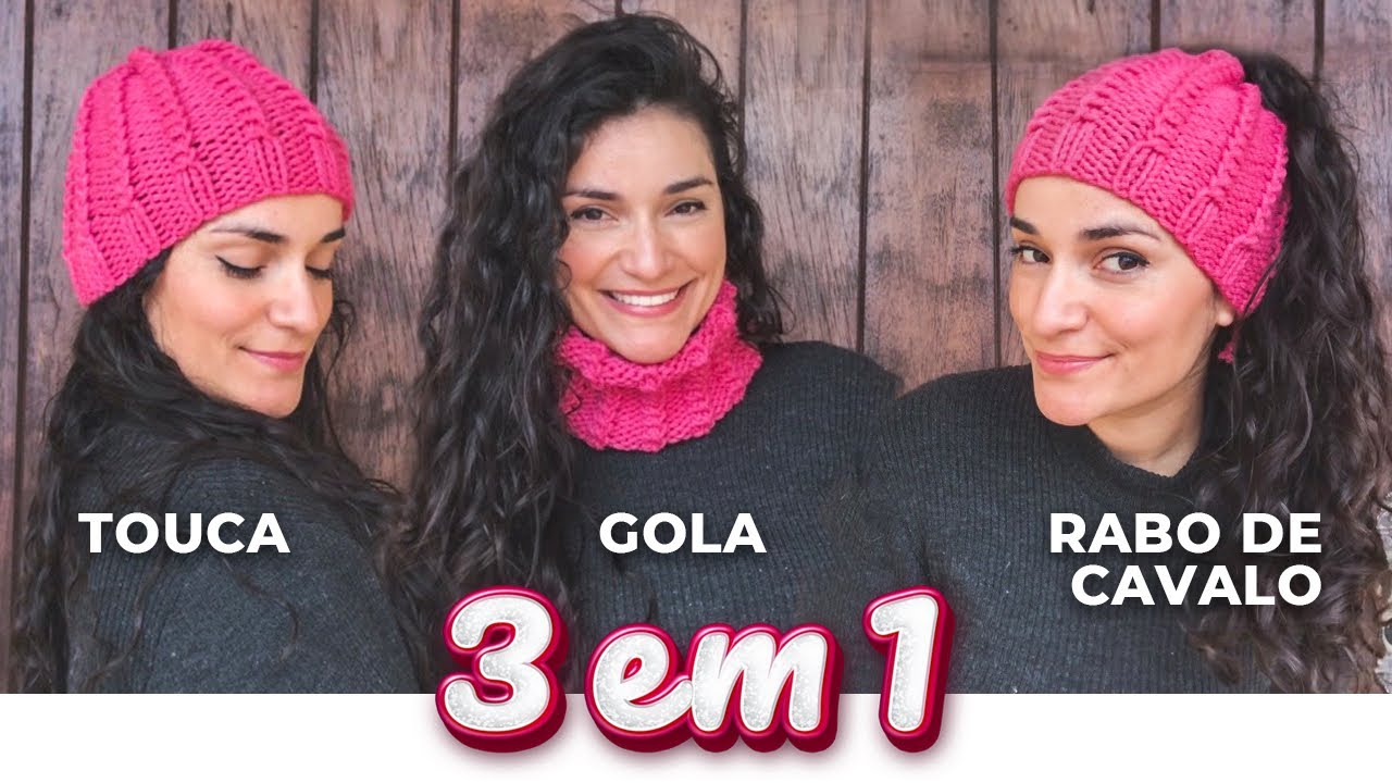 TOUCA 3 EM 1 - Gorro, gola e touca rabo de cavalo | Touca de tricô feminina fácil para iniciantes