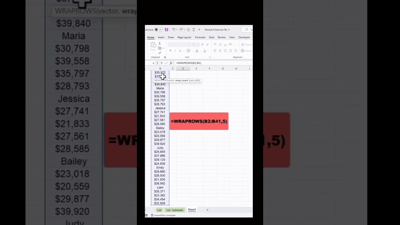 How to use the formula of wraprows in excel sheet