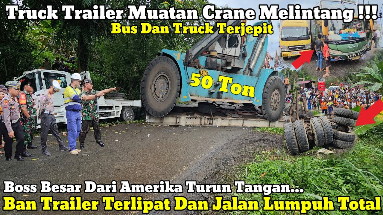 Sangat Sulit || Disaksikan Bos Besar Evakuasi Truck Trailer Muatan Crane Masuk Parit
