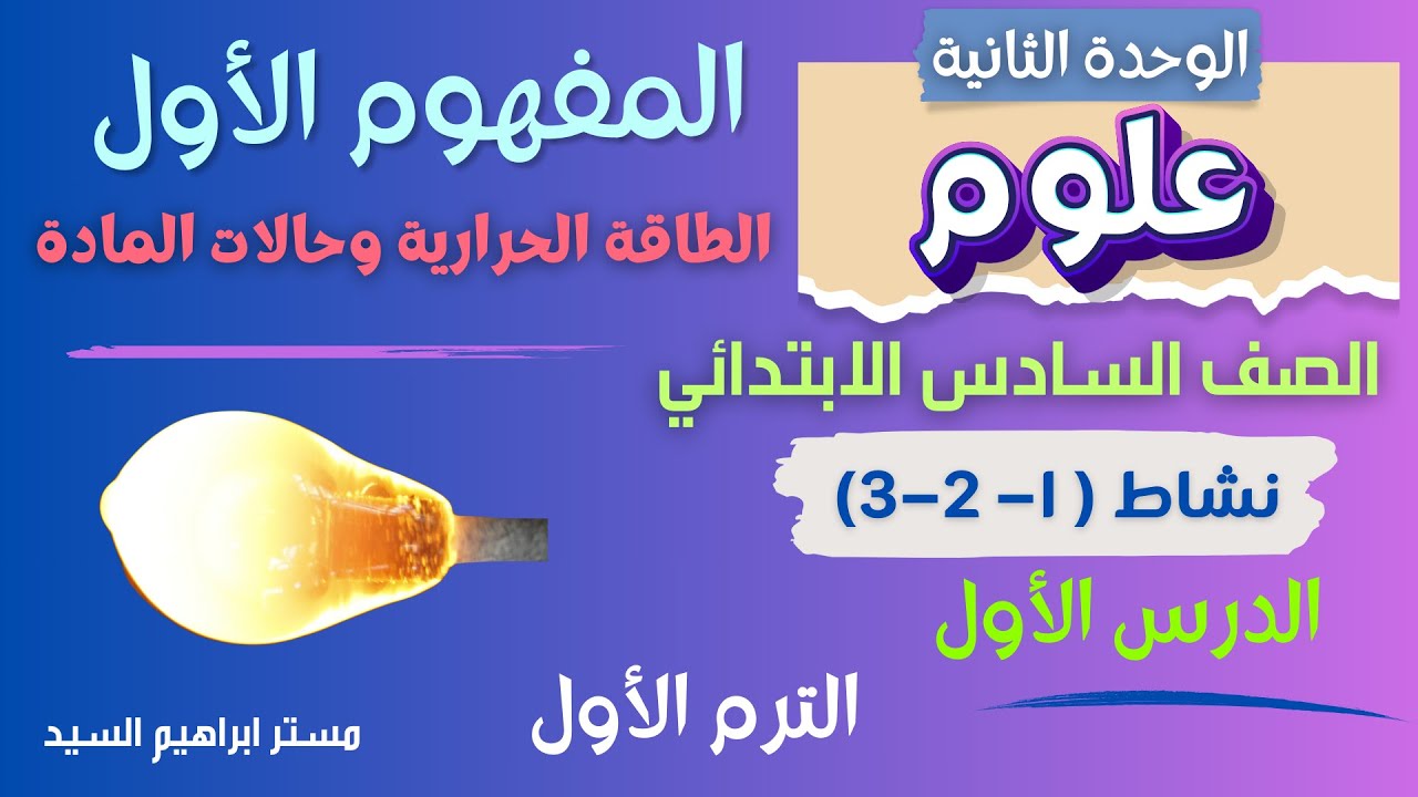 الدرس الاول علوم الصف السادس الابتدائي مفهوم الطاقة الحرارية وحالات المادة نشاط 1 - 2 - 3 ترم اول