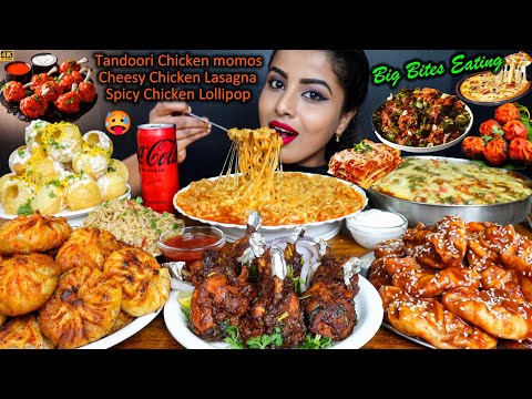 Eating Chicken Lasagna,Lollipop,Tandoori Momos,Egg,Dahi Puri Indian Street Food ASMR Eating Mukbang