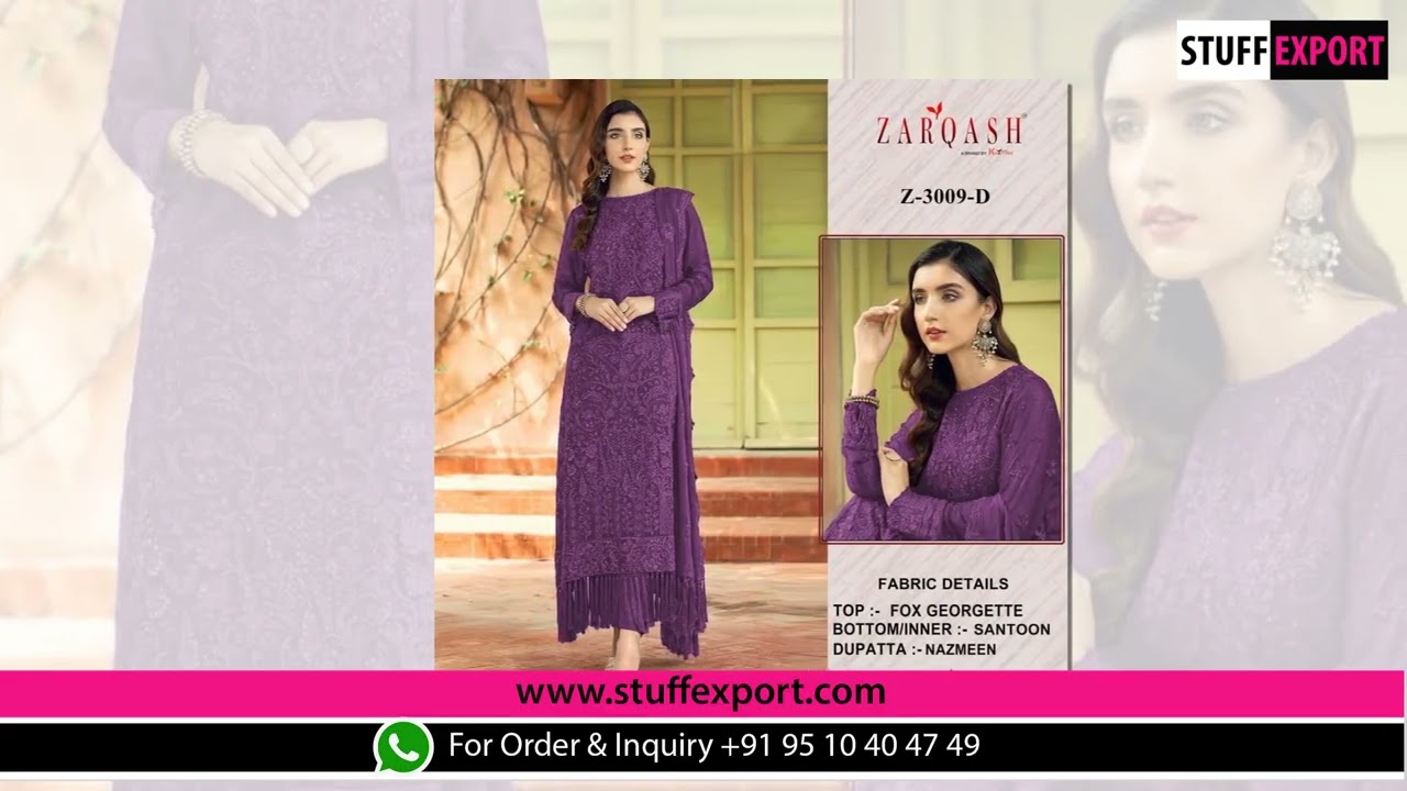 Stuff Export presents Zarqash Z 3009 Designer Pakistani Suit Collection Full Catalog Available