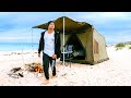 Solo winter camping on remote beach  prawn catch and cook in a storm