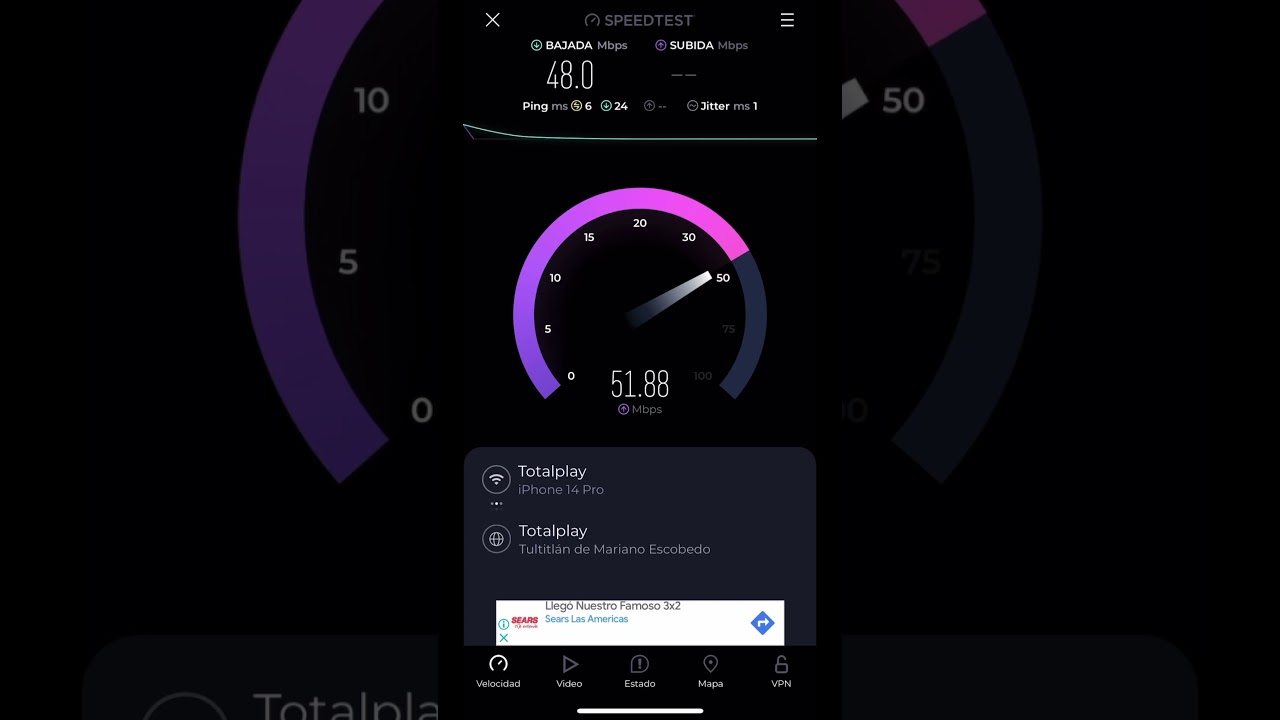 Totalplay prueba de  velocidad 50/10 Mb