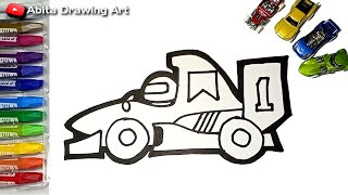 CARA MENGGAMBAR DAN MEWARNAI MOBIL BALAP - Drawing and coloring racing car