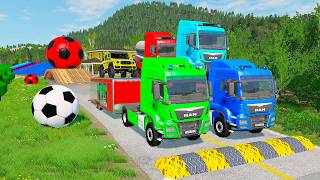Flatbed Trailer McQueen Transportation with Truck - Speedbumps vs Cars vs Train - BeamNG.Drive #220 screenshot 5