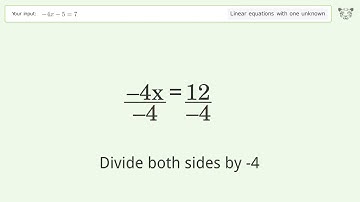 Solve -4x-5=7: Linear Equation Video Solution | Tiger Algebra