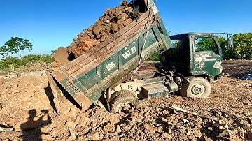 Giải cứ ô tô tải hoa mai chở cát đổ ben sa lầy | Máy xúc múc đá | Công nông chở cát | Excavator