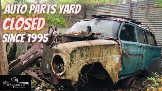 WRECKING YARD CLOSED SINCE 1995 , ABANDONED CLASSIC CARS EVERYWHERE IN A JUNGLE LIKE YARD.