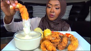 ASMR Fried King Crab Legs & Prawns in Alfredo Sauce * الآكل البحري المحمر مع صوص الالفريدو