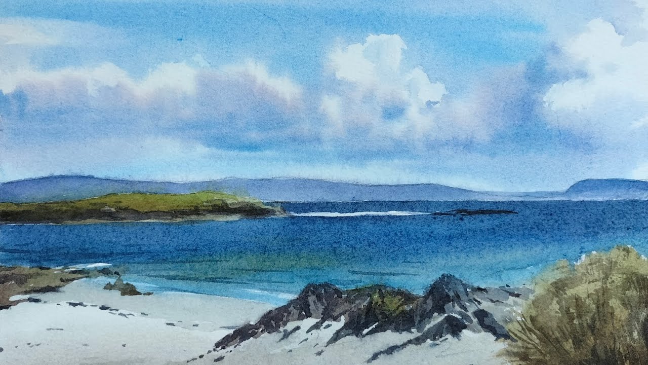 Aprende a pintar el mar en calma con acuarela . Taller de acuarela 12