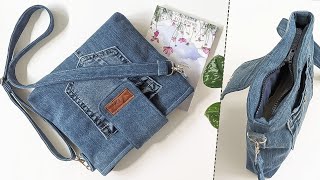 DIY Casual Denim Crossbody Bag With a Recessed Zipper Out of Old Jeans | Bag Tutorial | Upcycle