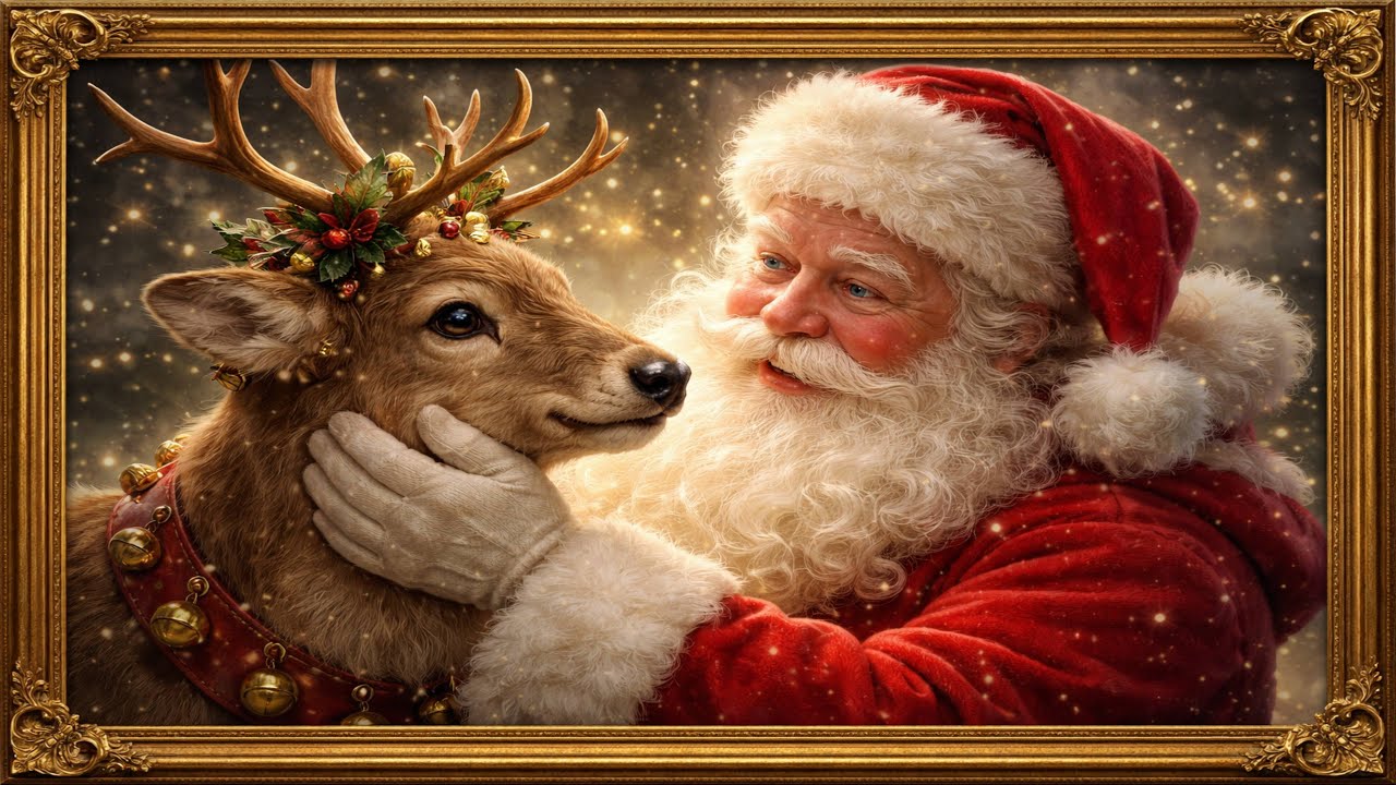 Moments of Magic: Santa and His Reindeer | Classic Christmas Ambience 4K Gold Frame Tv Art 