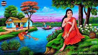 Beautiful Village Girl Scenery Painting/Indian Village Scenery Painting With Earthwatercolor