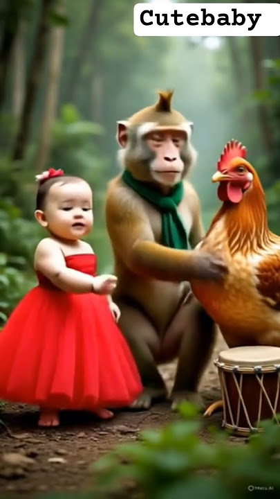 beautiful baby wearing red ♥️ dress dancing with chicken 🐔 #cutebaby #funny #adoreble #babydance