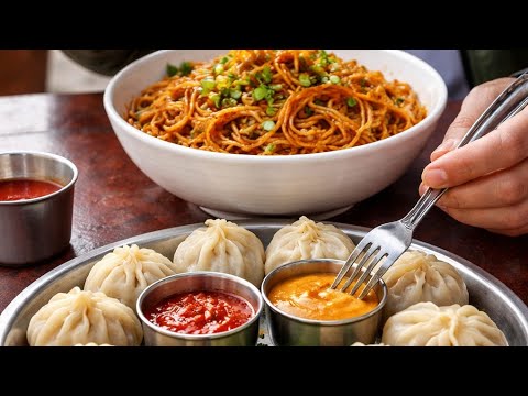 Eating Spicy Chicken Kima Noodles & Yummy Buff MOMO & Laphing Nepali ...