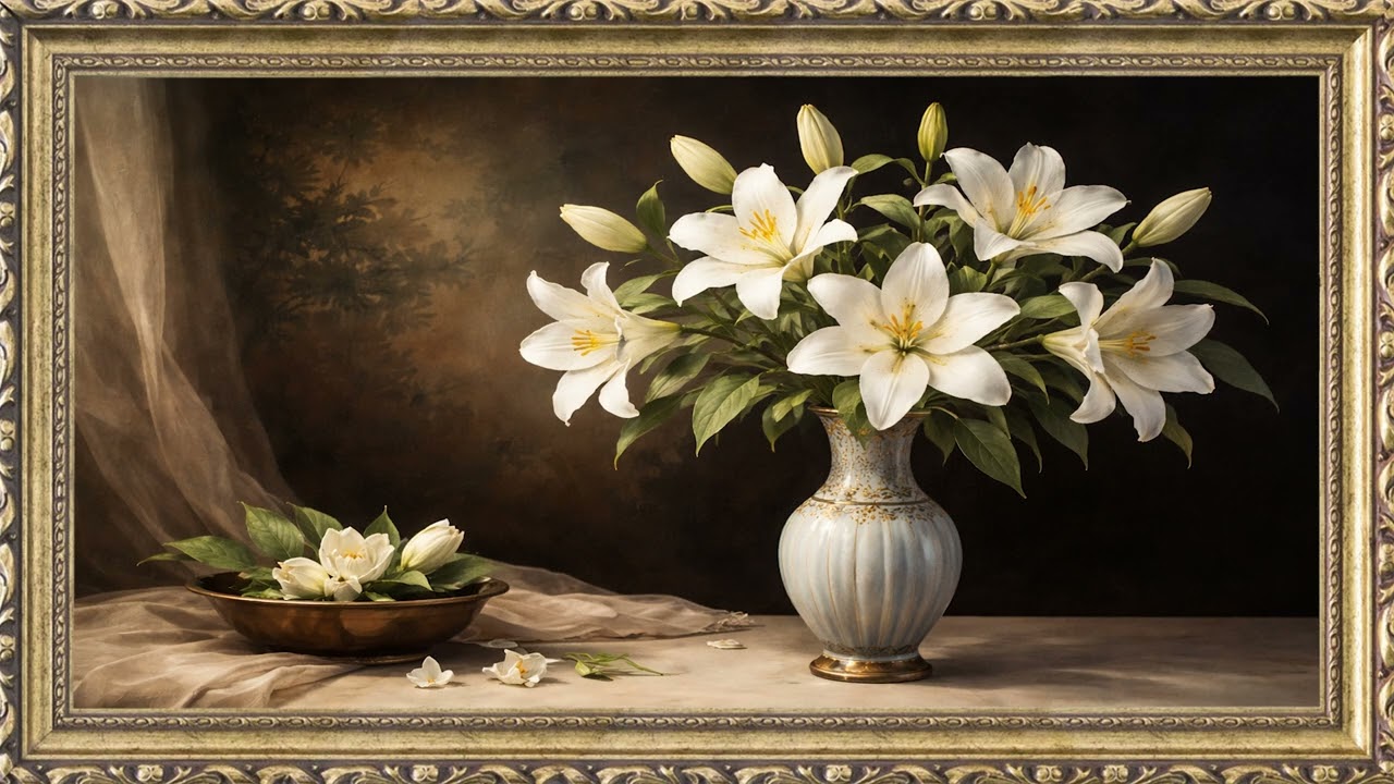 White Lily Flowers Painting | Free Background | 12 Hours Framed Art | TV Wallpaper | 4K