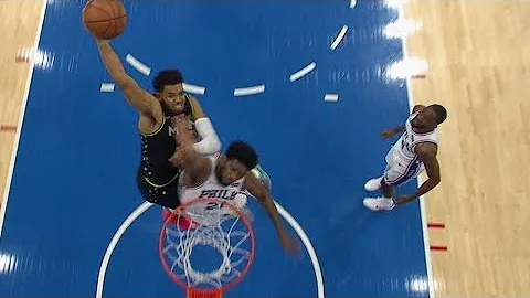 Karl-Anthony Towns dunks on Embiid, blocks shot out of bounds