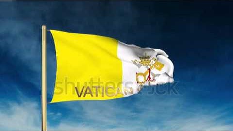 Vatican City flag slider style with title. Waving in the wind with cloud background animation Stock