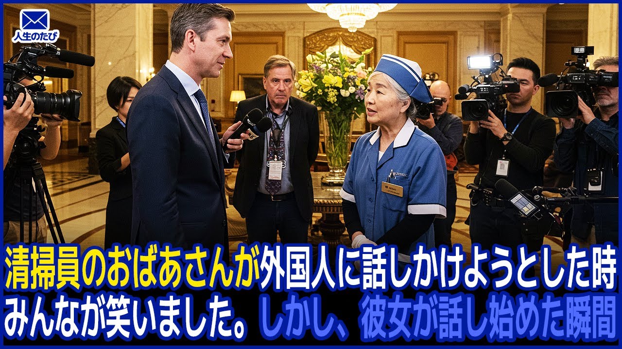 Outline Video 清掃員のおばあさんが外国人に話しかけようとした時、みんなが笑いましたが、話し始めた瞬間...