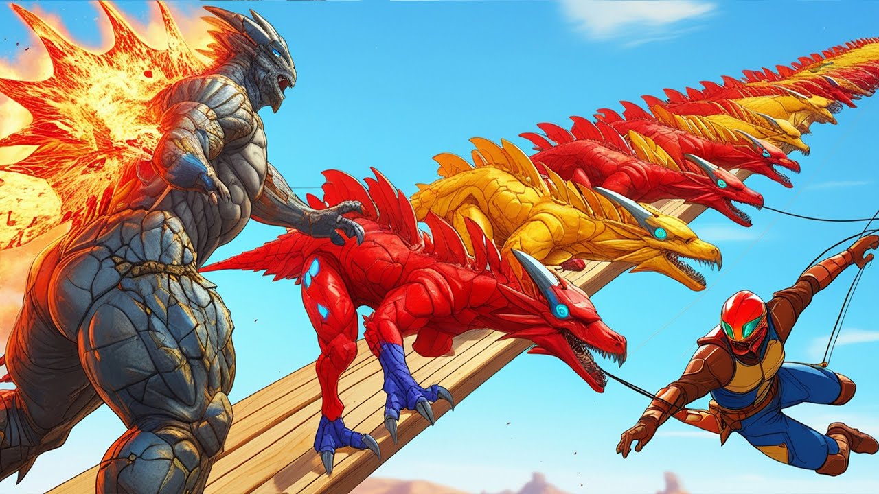 Godzilla I-Rex Spiderman vs Super TREX vs Triceratops Jurassic World Evolution Dinosaurs Fighting