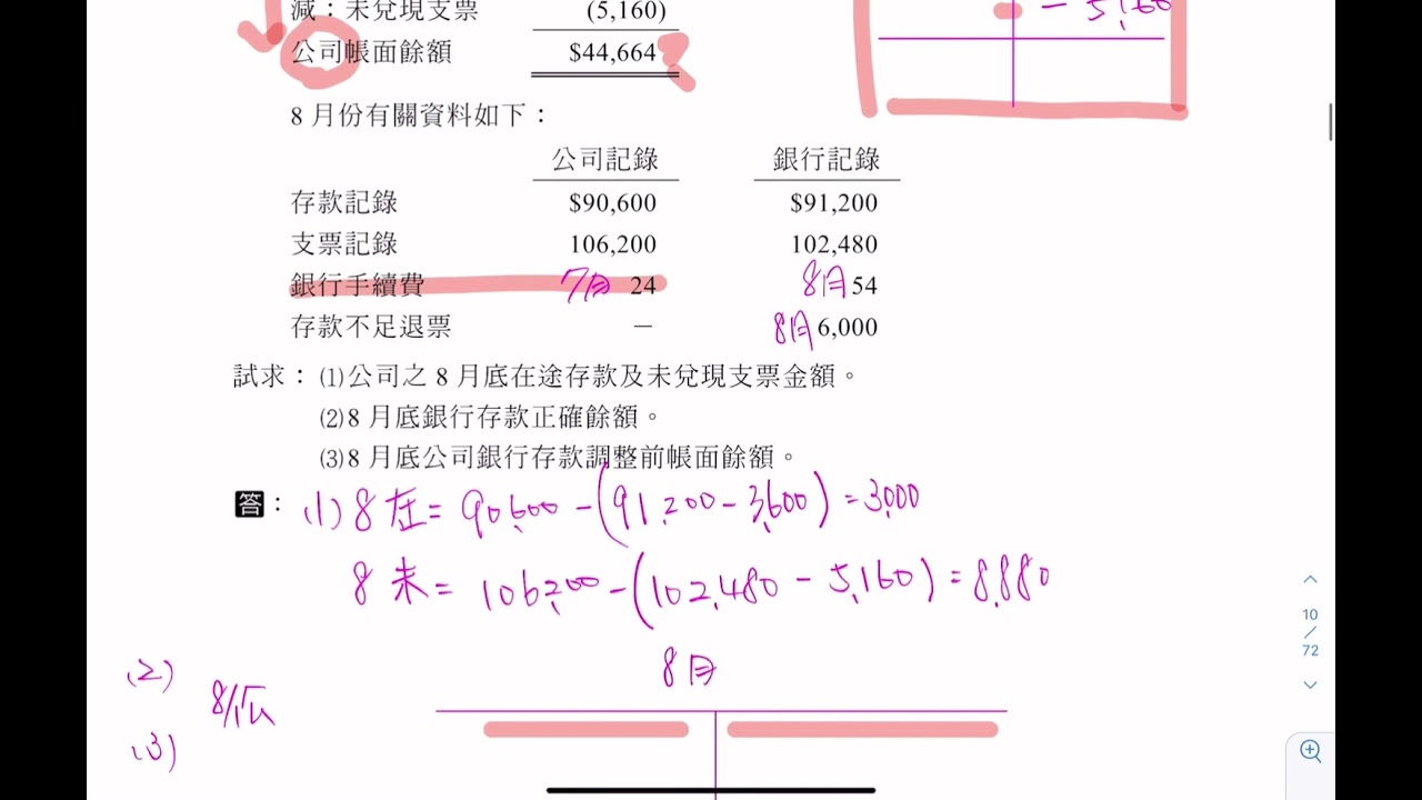 高職統測初級會計學：銀行存款調節表-跨期進階題（學習手札p8第十題）