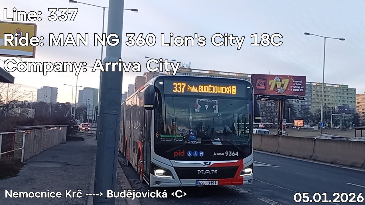 Line: 337 Ride: MAN NG 360 Lion's City 18C Company: Arriva City to Budějovická (C)