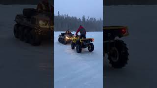 Buddies are playing around on ice with ATVs!
