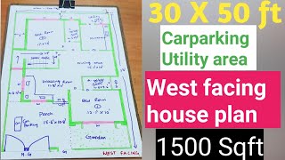 1500 I30x50 west facing house plan with car parking utility area| 2 bed room house plan as per vastu
