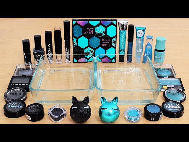 Black vs Teal - Mixing Makeup Eyeshadow Into Slime ASMR class=