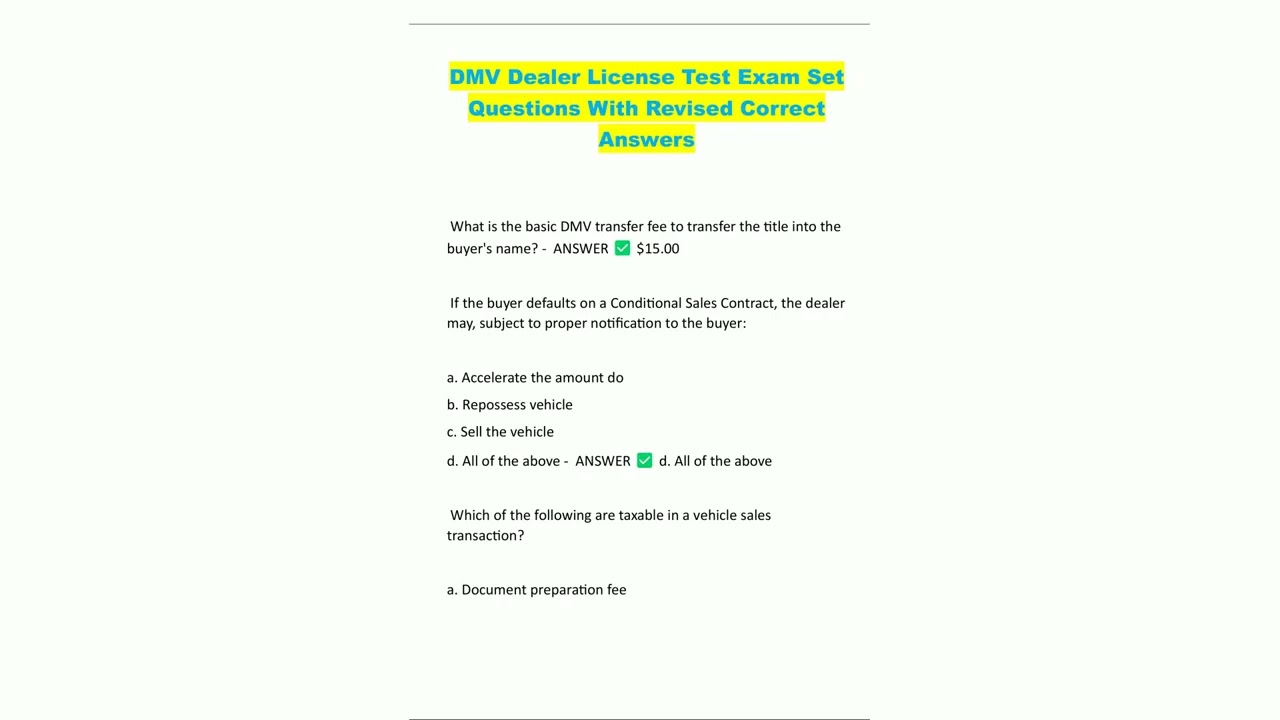 DMV Dealer License Test Exam Set  Questions With Revised Correct  Answers5