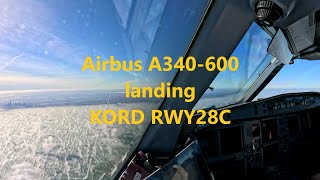 Airbus A340-600 landing at Chicago O'Hare KORD RWY 28C - Cockpit view in 4K