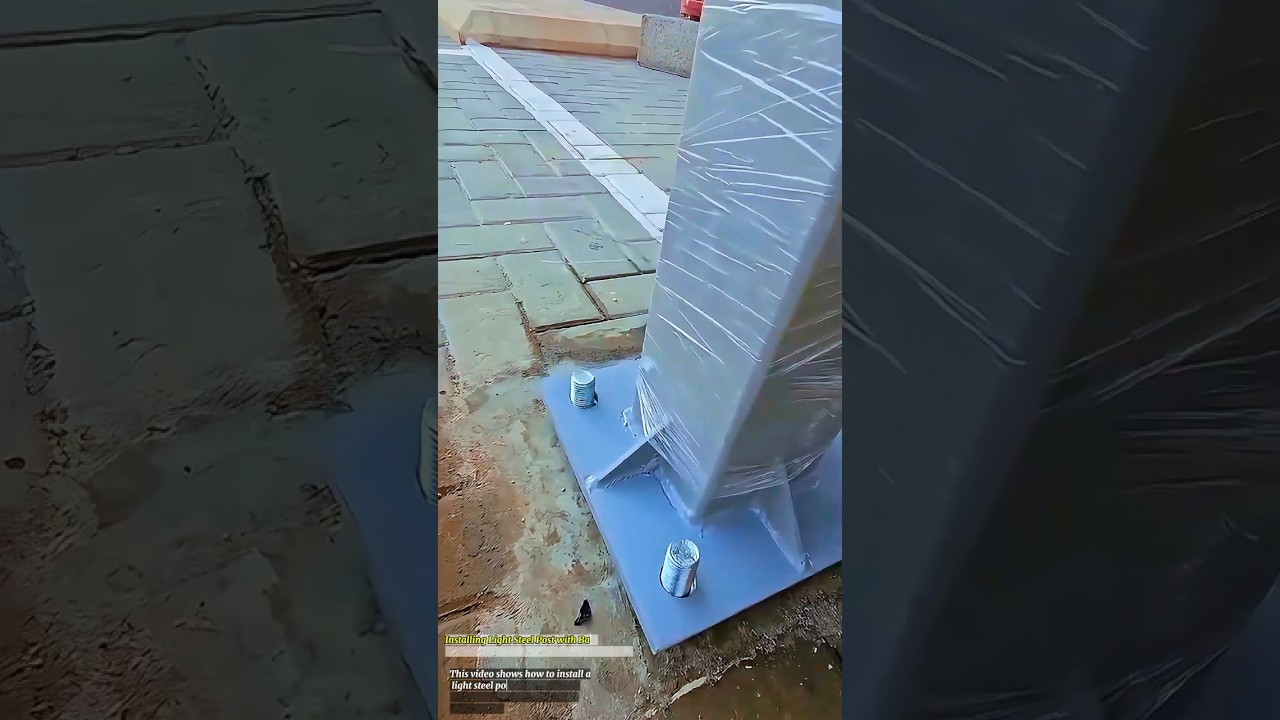 Installing Light Steel Post with Base Plate and Anchor Bolts on Concrete Surface
