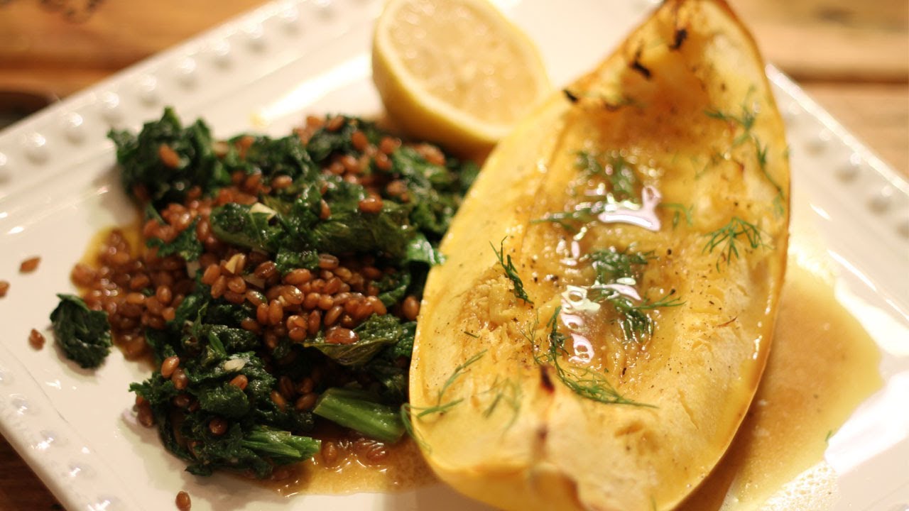 Roasted Spaghetti Squash with Mustard Greens and Wheat Berries - YouTube