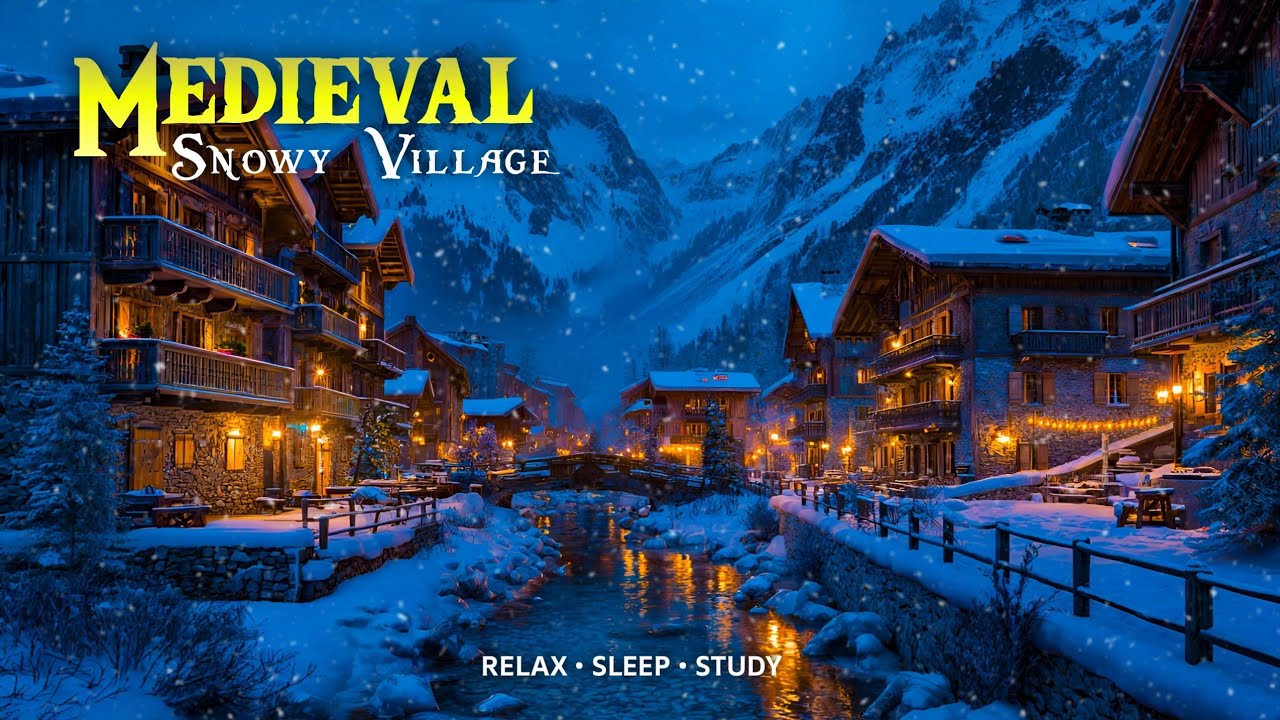 Medieval Snowy Village Night ❄️ | Swiss Fantasy Ambience | Calm Focus Music
