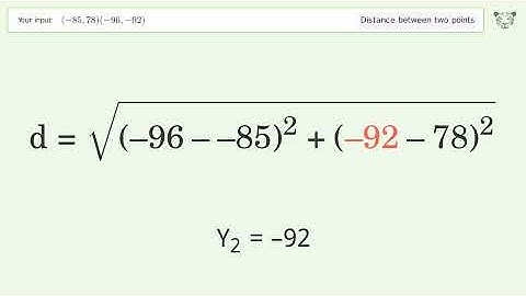 Find the distance between two points p1 (-85,78) and p2 (-96,-92): Step-by-Step Video Solution
