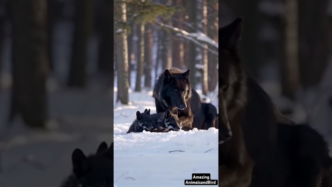 Enchanting Snow Black Wolf with Tiny Cubs | Rare Bonding Moments in Winter Wonderland 🐺❄️