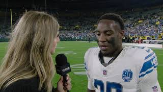 Detroit Lions DB Jerry Jacobs picks off Jordan Love Twice | Postgame Interview with Dannie Rogers
