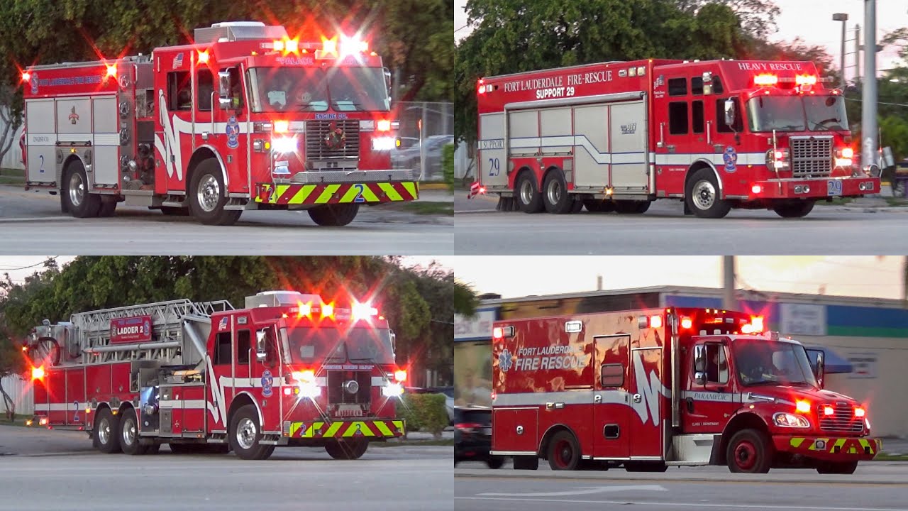 Fort Lauderdale Fire Dept Engine 2, Ladder 2, Support 29, and Rescue 202 responding YouTube