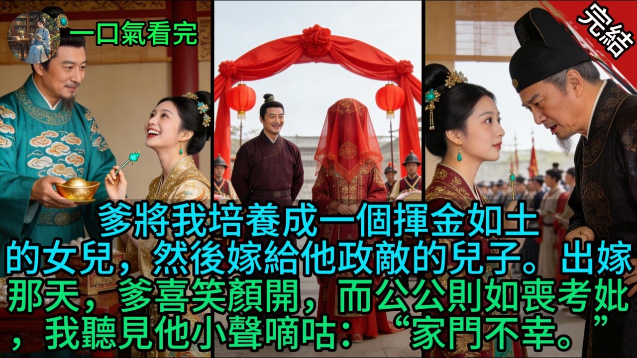 爹將我培養成一個揮金如土的女兒，然後嫁給他政敵的兒子。出嫁那天，爹喜笑顏開，而公公則如喪考妣，我聽見他小聲嘀咕：“家門不幸。”