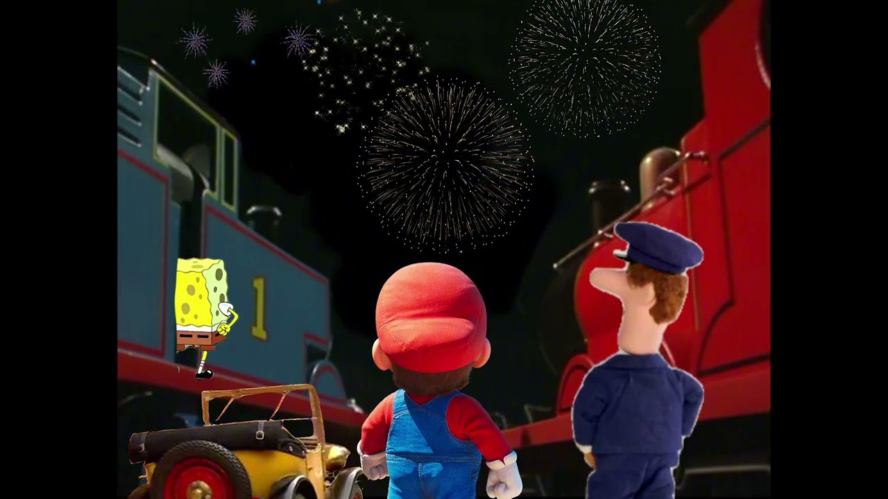 Thomas, James, Brum, SpongeBob, Mario and Postman Pat Watching the New Year Fireworks