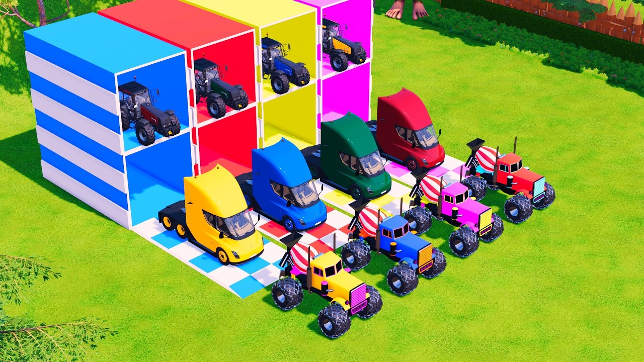 Transport with Colors - ALL MIXER TRUCK WITH DOUBLE FLATBED TRAILER TRUCK & TRACTOR! FS22 #118