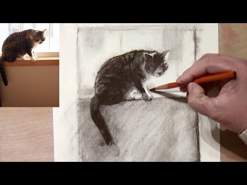 Drawing a Cat on Window Sill with Charcoal - Drawing a Cat on Window Sill with Charcoal