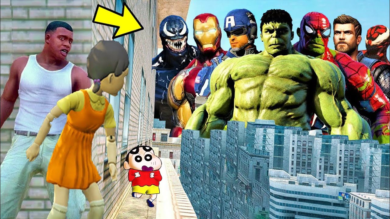 Franklin and Shinchan & Pinchan play HIDE AND KILL with Squid Game Doll In GTA 5